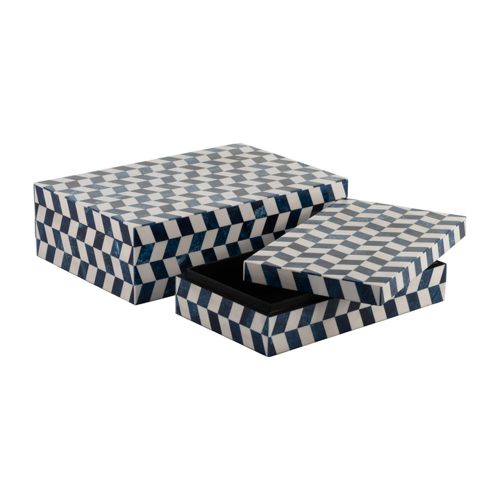 Resin, S/2 10/12" Harlequin Boxes, Blue/White