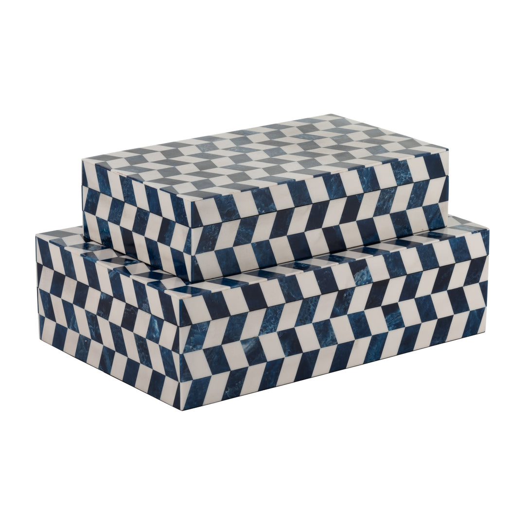 Resin, S/2 10/12" Harlequin Boxes, Blue/White
