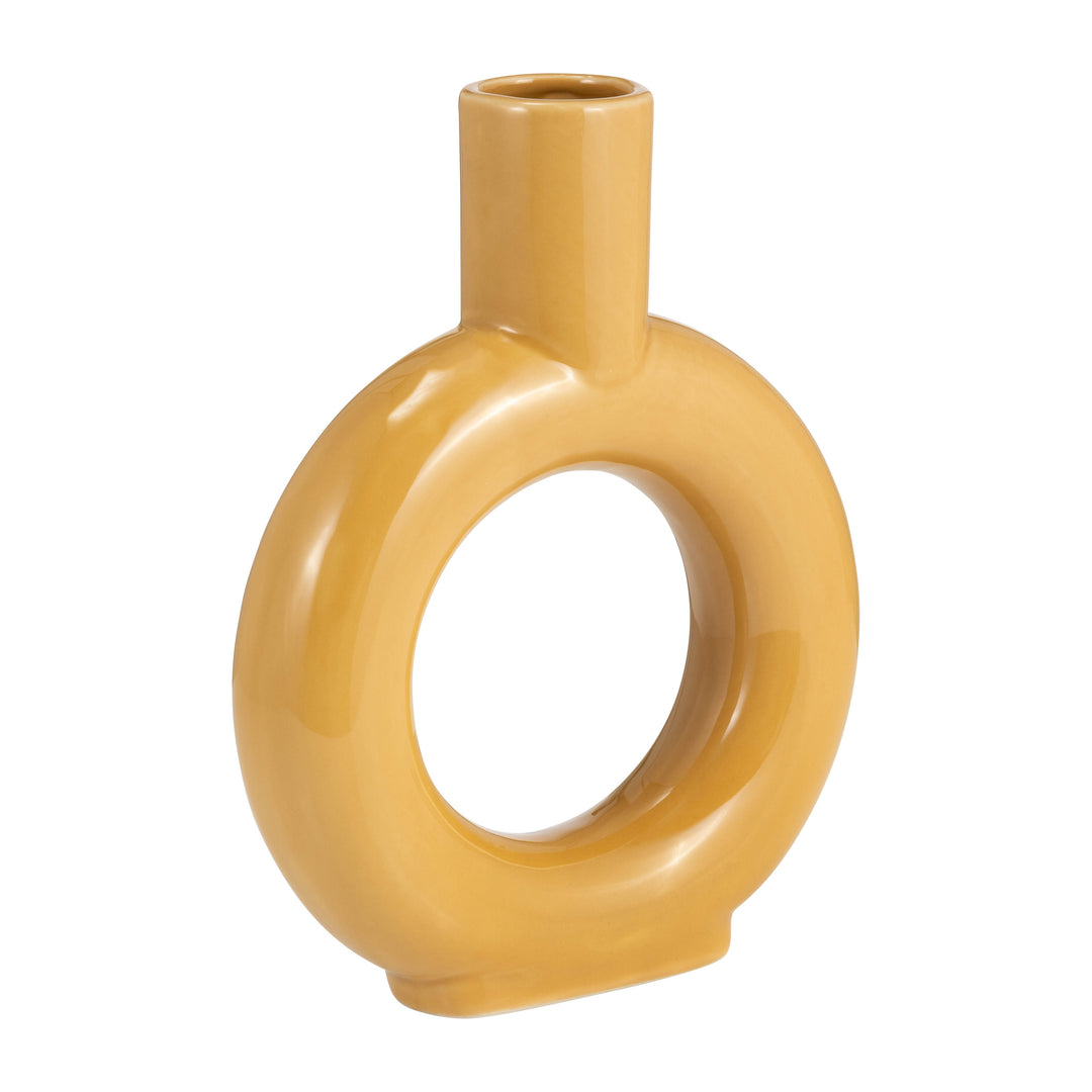 CER, 9" ROUND CUT-OUT VASE, MUSTARD GOLD