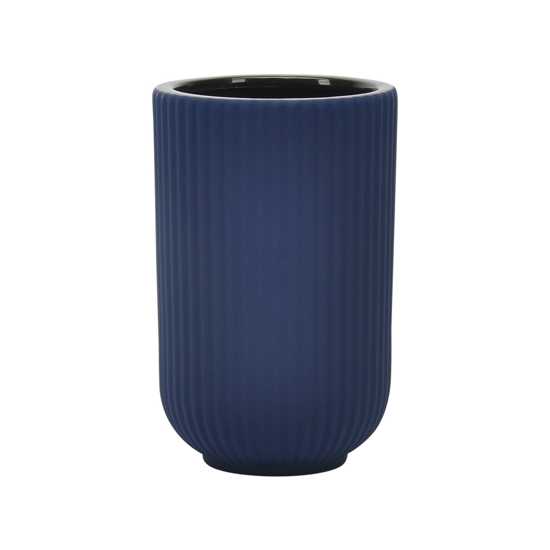 CER, 7"H RIDGED VASE, NAVY