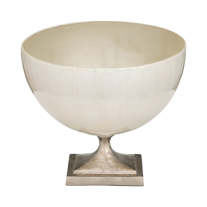 GLASS, 9" BOWL W/ METAL STAND, PEARL WHITE