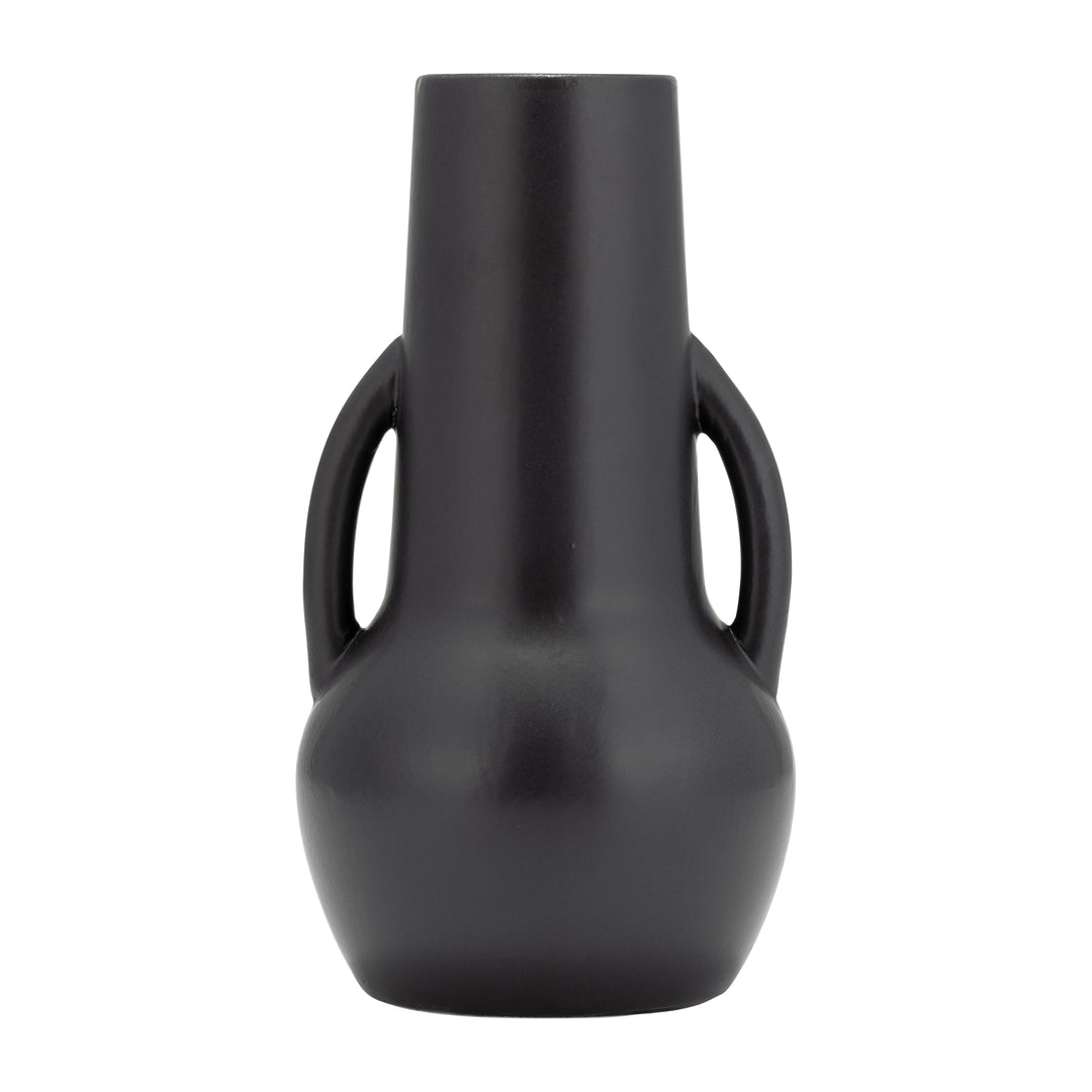 CER,8",VASE W/HANDLES,BLACK