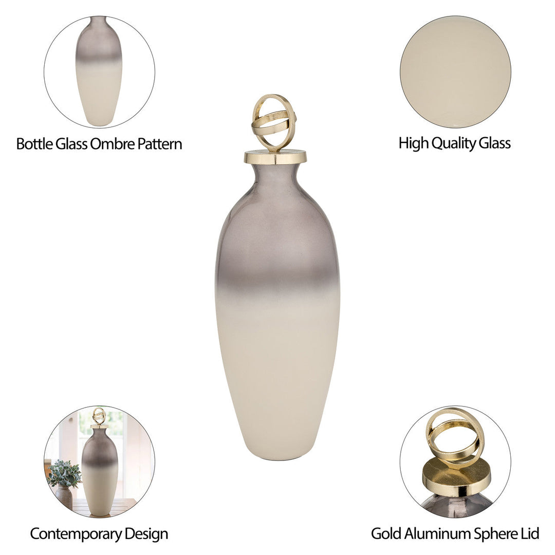 GLASS,22",BOTTLE W/SPHERE LID,WHITE/GOLD