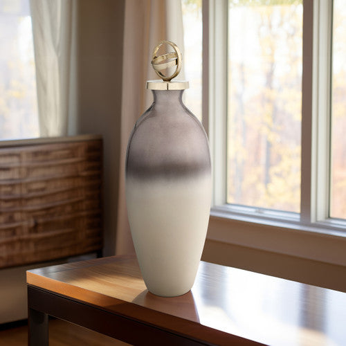 GLASS,22",BOTTLE W/SPHERE LID,WHITE/GOLD