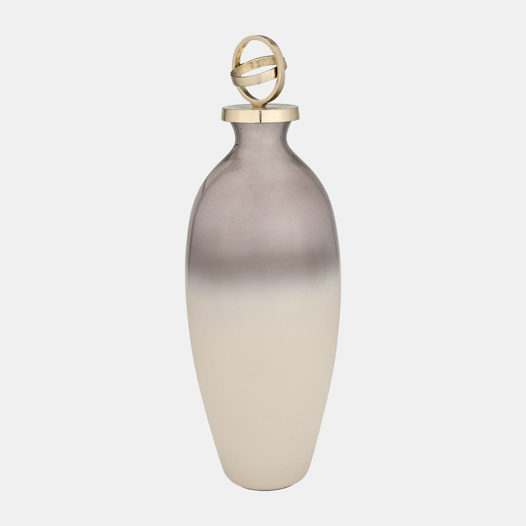 GLASS,22",BOTTLE W/SPHERE LID,WHITE/GOLD