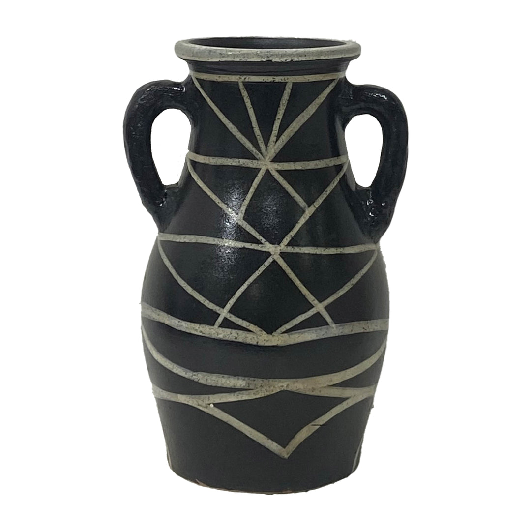 TERRACOTTA, 14"H MODERN EARED VASE, BLACK