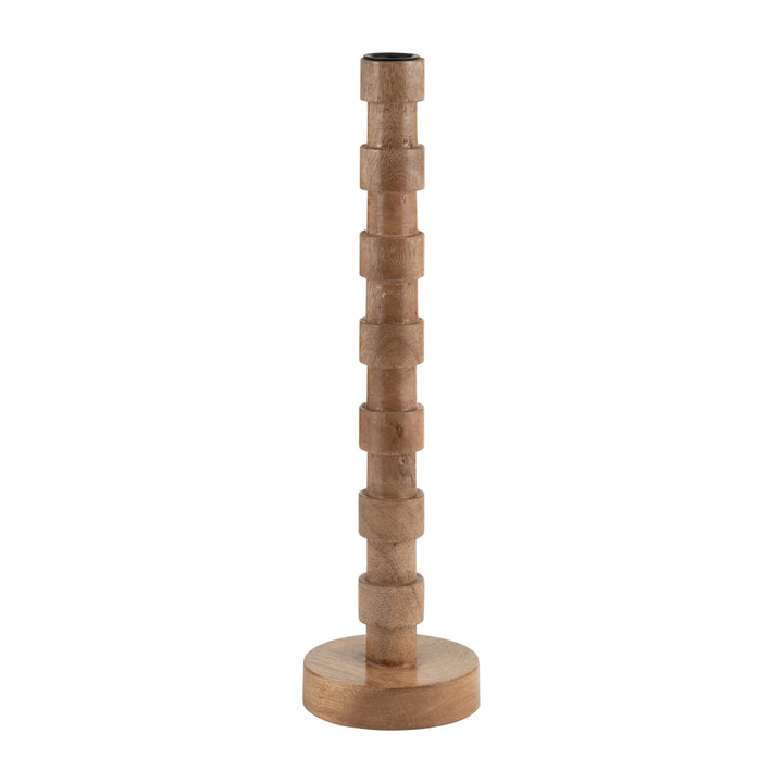 WOOD, 15"H TEXTURED TAPER CANDLE HOLDER, BROWN