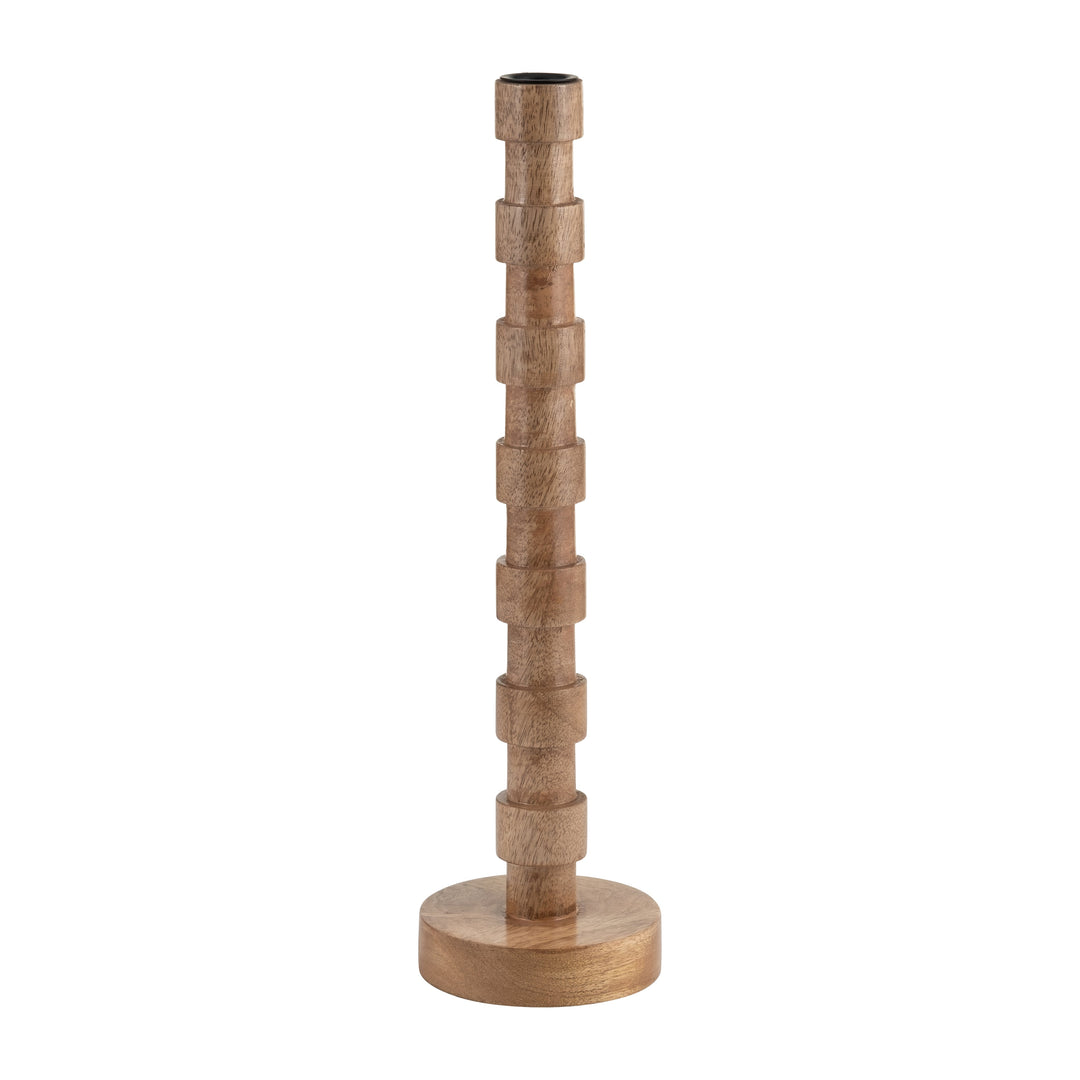 WOOD, 15"H TEXTURED TAPER CANDLE HOLDER, BROWN