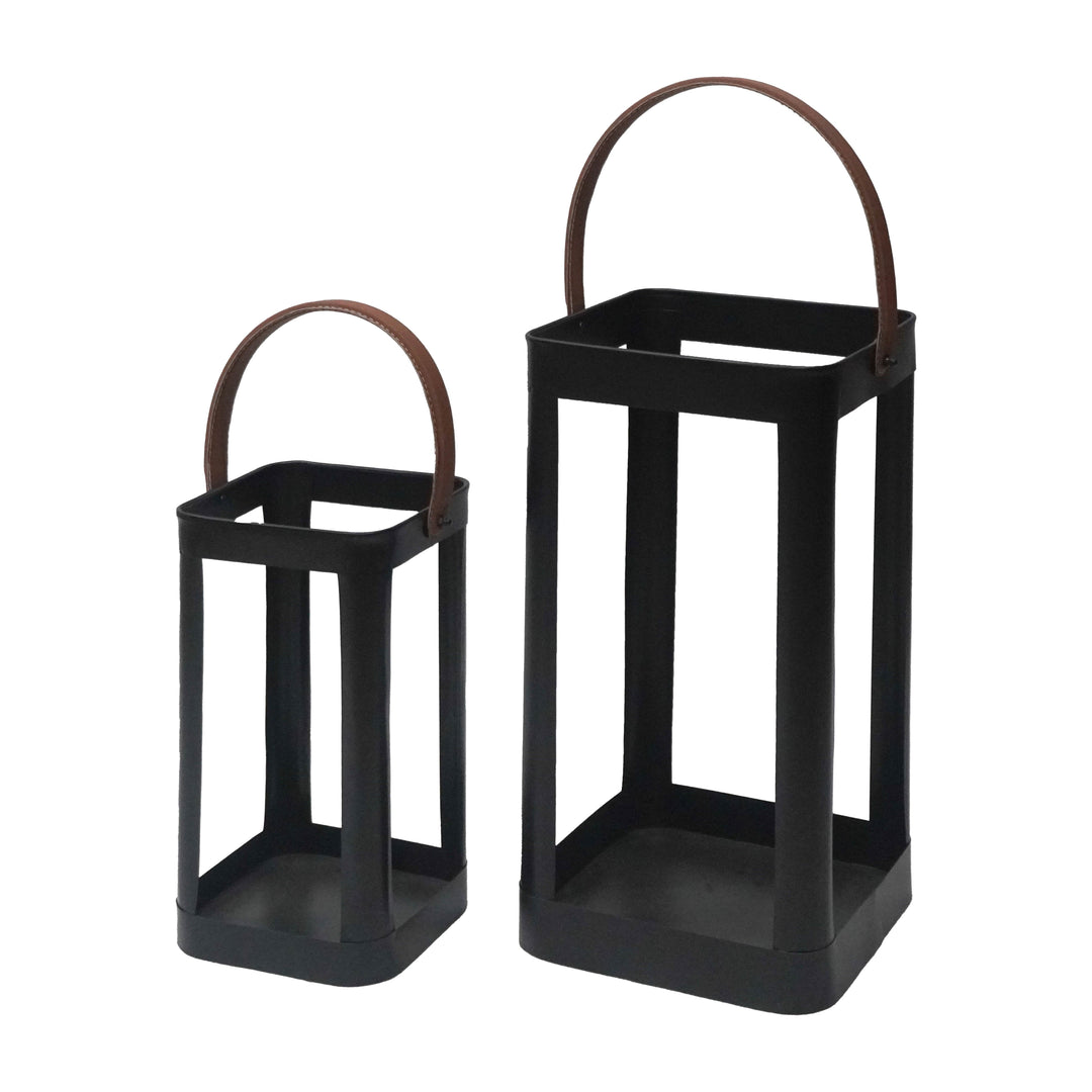 Metal, S/2 13/18"H Lanterns W/ Faux Leather Handle