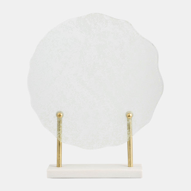 METAL,21"H,SPECKLED GLASS DISC ON MARBLE STAND,WHI