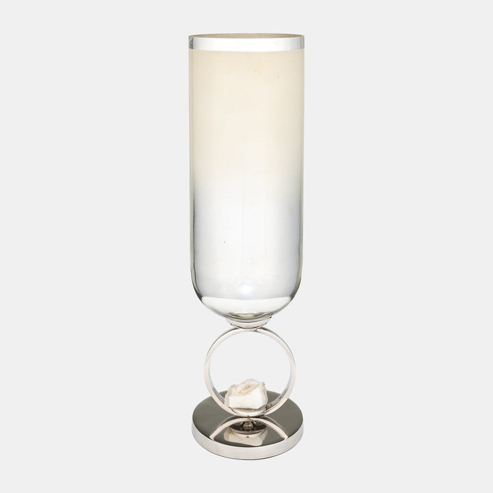 GLASS, 21" VASE W/ METAL BASE STONE ACCENT, PEARL