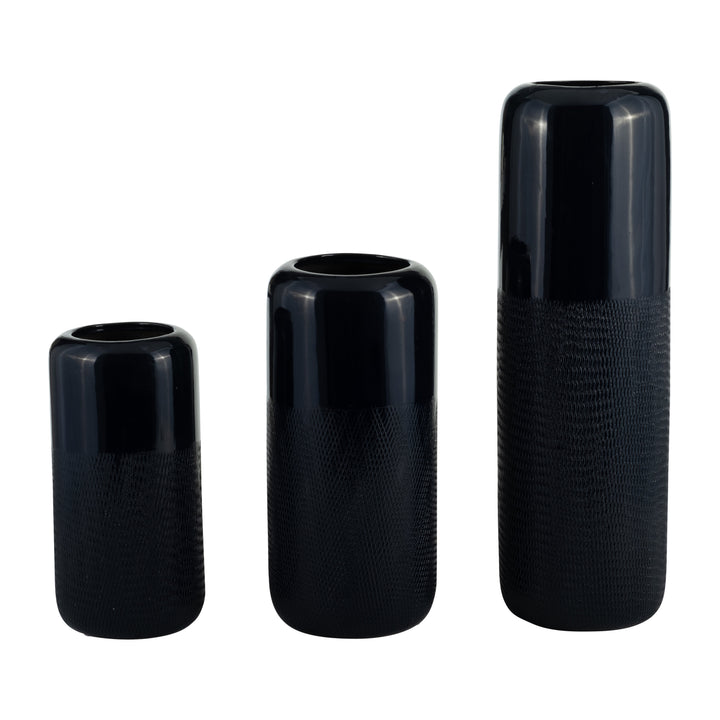 CER, 12"H GROOVED VASE, NAVY BLUE