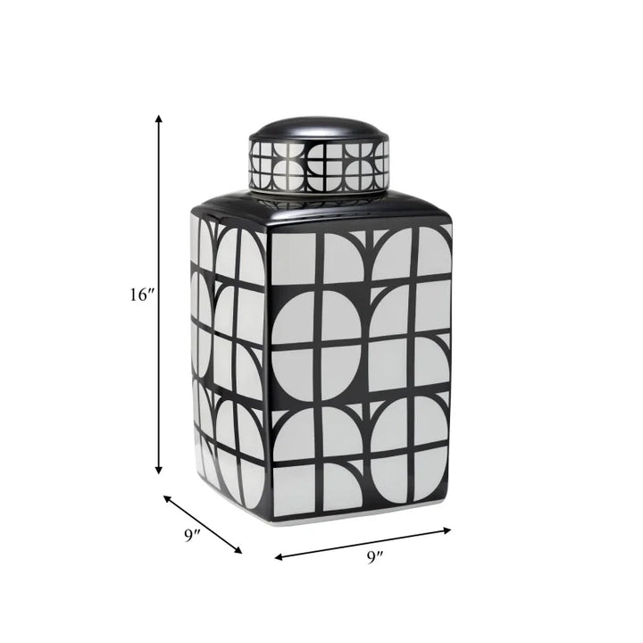 CER, 16"H SQUARE JAR W/ LID, BLACK/WHITE