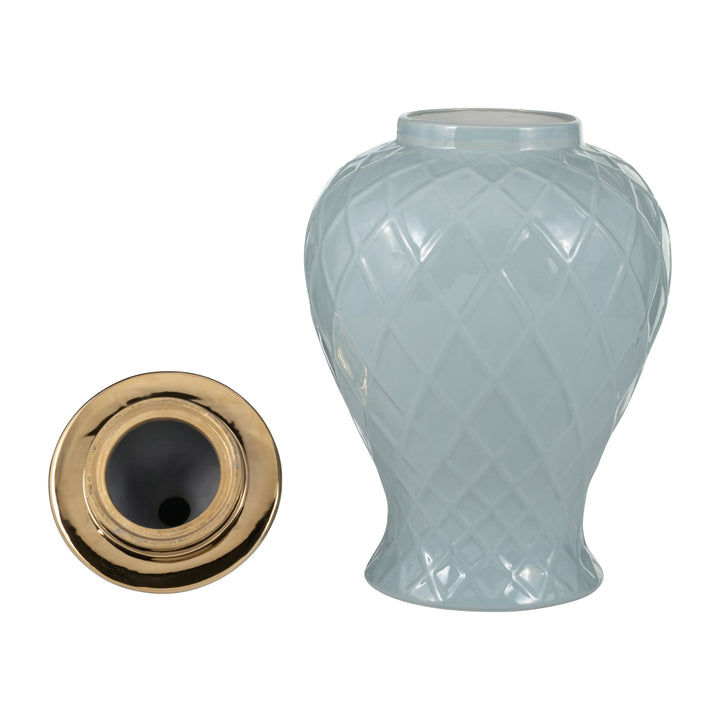 CER, 20"H ROPE TEMPLE JAR, BLUE/GOLD