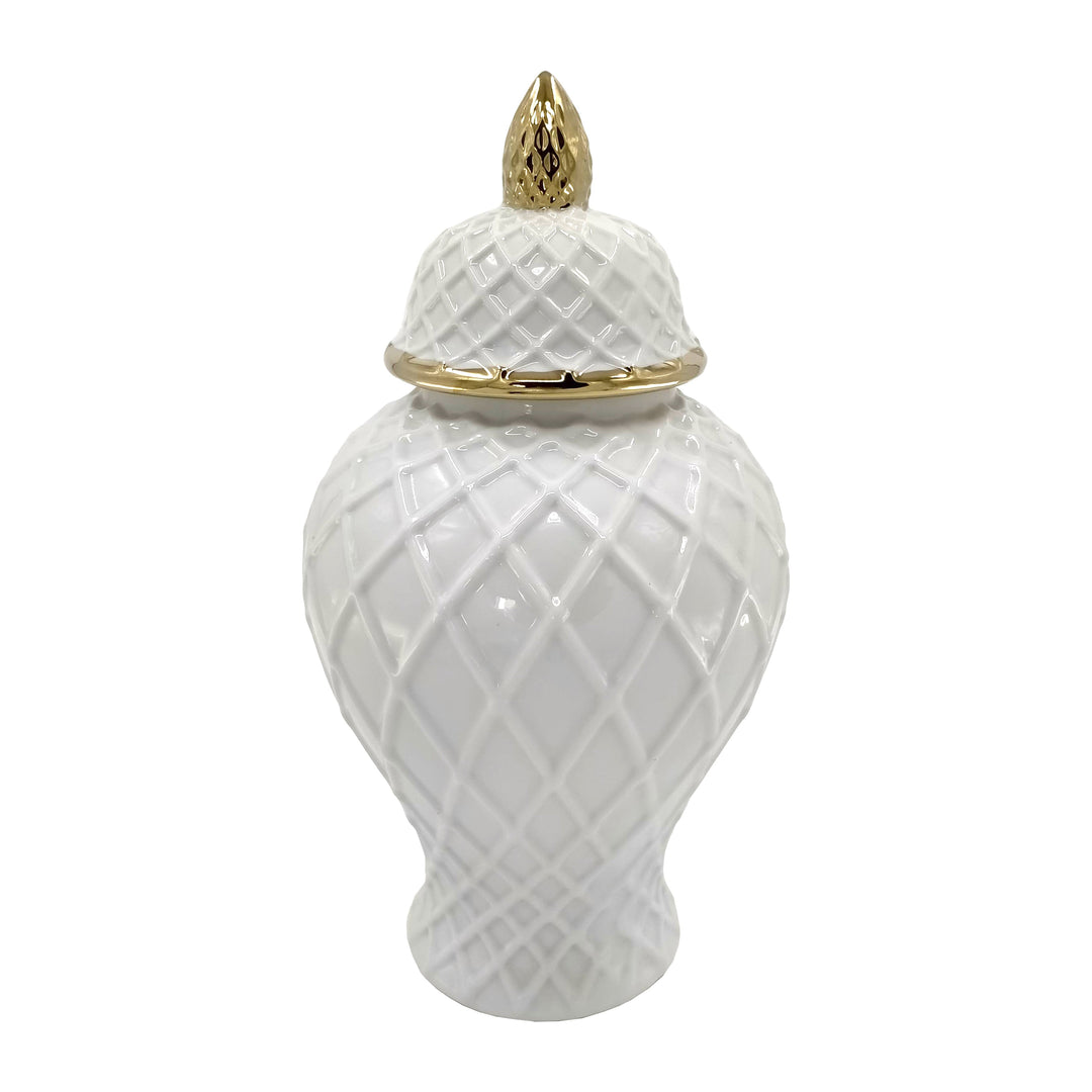 CER, 14"H ROPE TEMPLE JAR, WHITE/GOLD