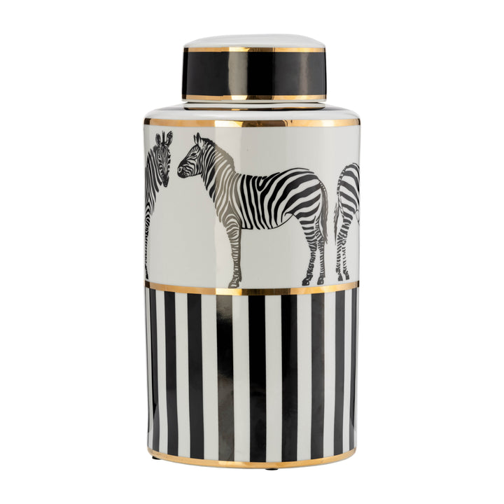 CER, 16"H ZEBRA JAR W/ LID, WHITE/GOLD