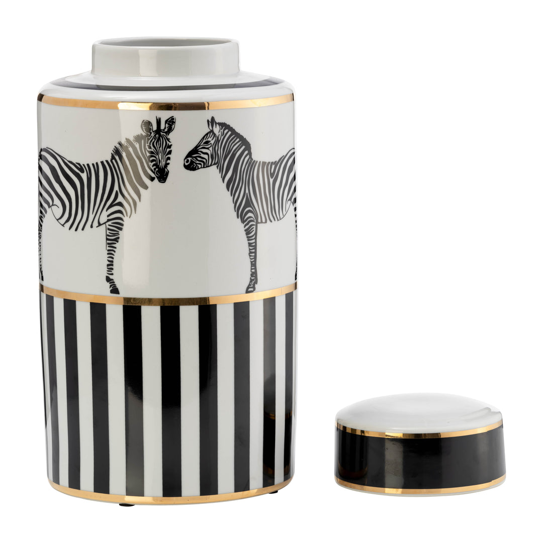 CER, 16"H ZEBRA JAR W/ LID, WHITE/GOLD