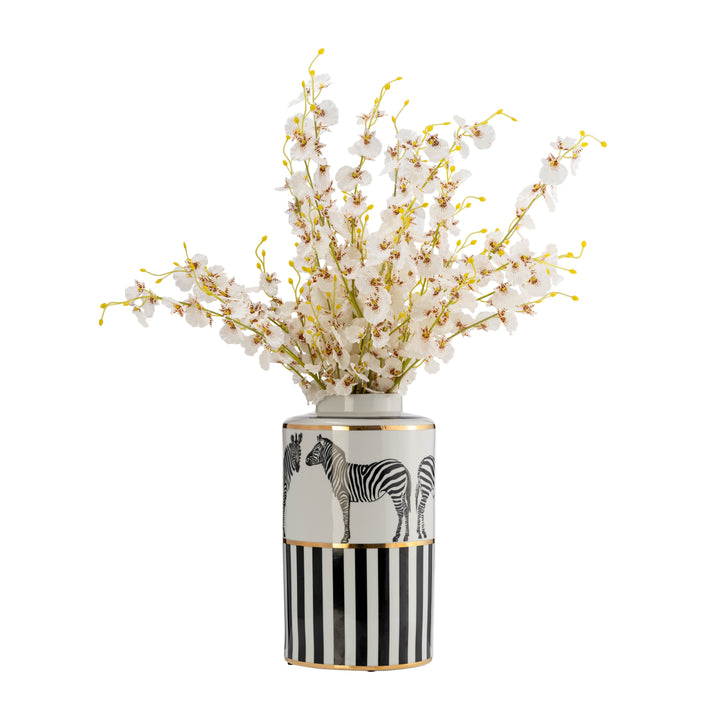 CER, 16"H ZEBRA JAR W/ LID, WHITE/GOLD