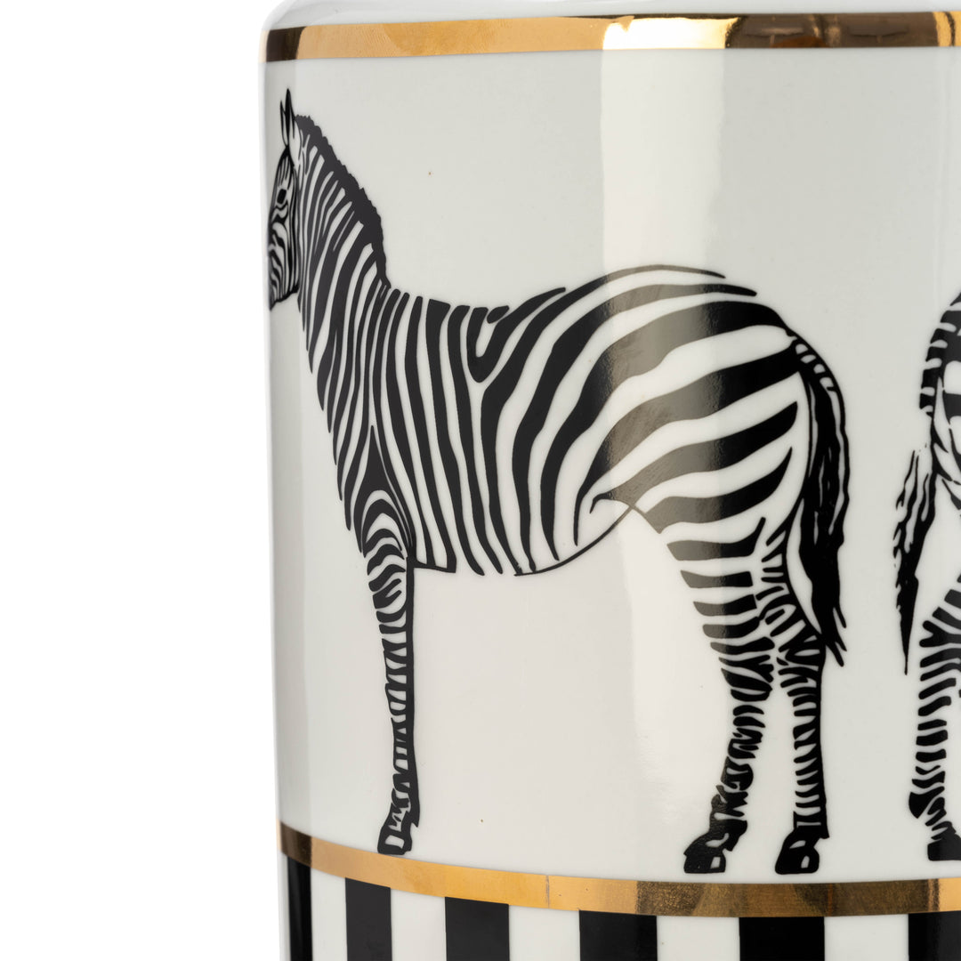 CER, 16"H ZEBRA JAR W/ LID, WHITE/GOLD