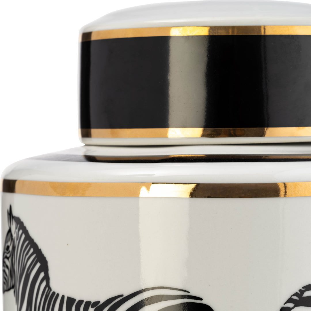 CER, 16"H ZEBRA JAR W/ LID, WHITE/GOLD