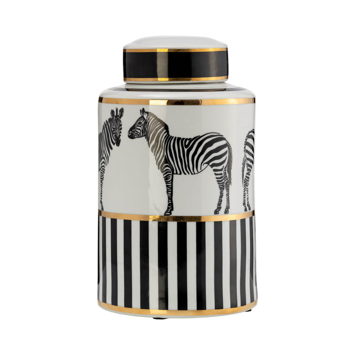 CER, 12"H ZEBRA JAR W/ LID, WHITE/GOLD