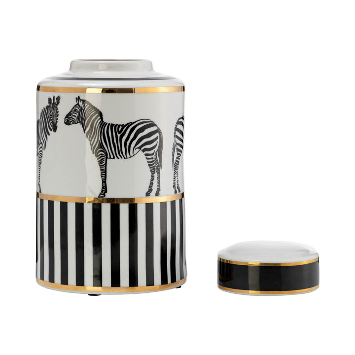 CER, 12"H ZEBRA JAR W/ LID, WHITE/GOLD