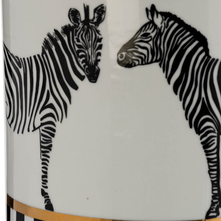 CER, 12"H ZEBRA JAR W/ LID, WHITE/GOLD