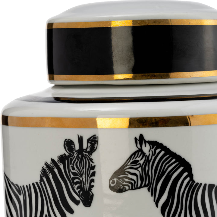 CER, 12"H ZEBRA JAR W/ LID, WHITE/GOLD