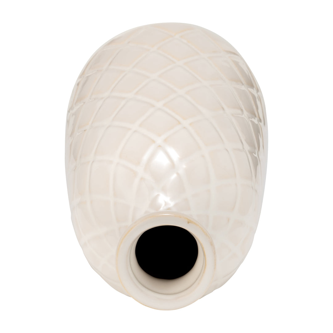 CER, 12" PLAID TEXTURED VASE, BEIGE