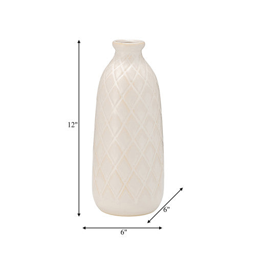 CER, 12" PLAID TEXTURED VASE, BEIGE