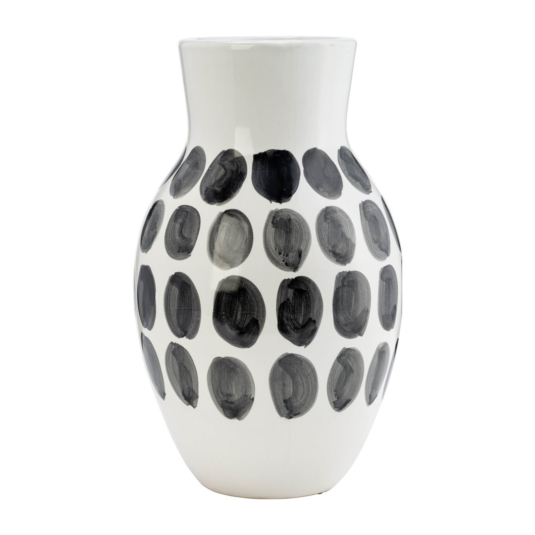 CER, 10"H BLK POLK-A-DOT FLOWER VASE, WHITE