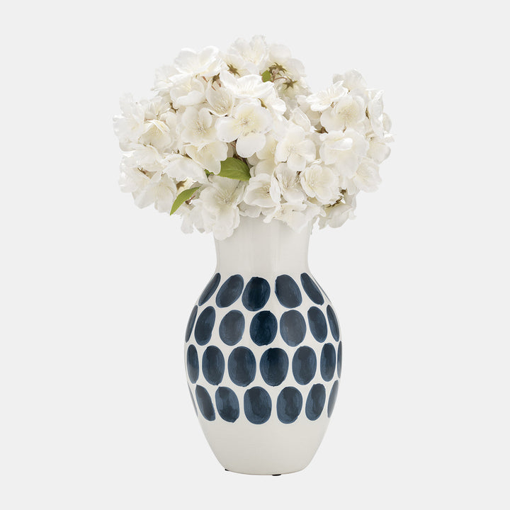 CER, 10"H NAVY POLK-A-DOT FLOWER VASE, WHITE