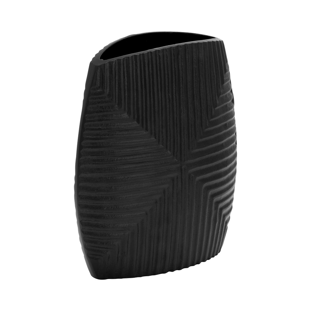 METAL, 10"H RIBBED VASE, MATTE BLACK