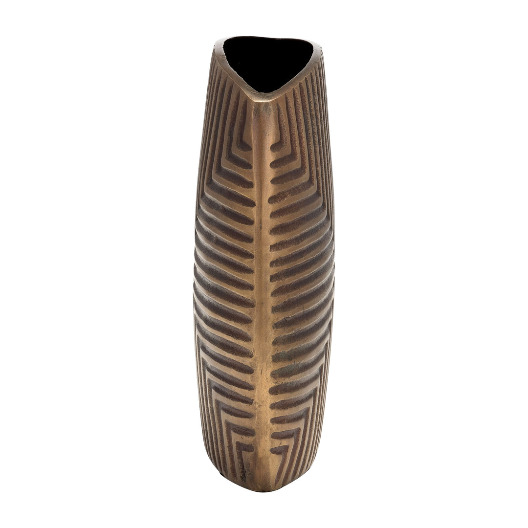 METAL, 10"H RIBBED VASE, BRASS ANTIQUE