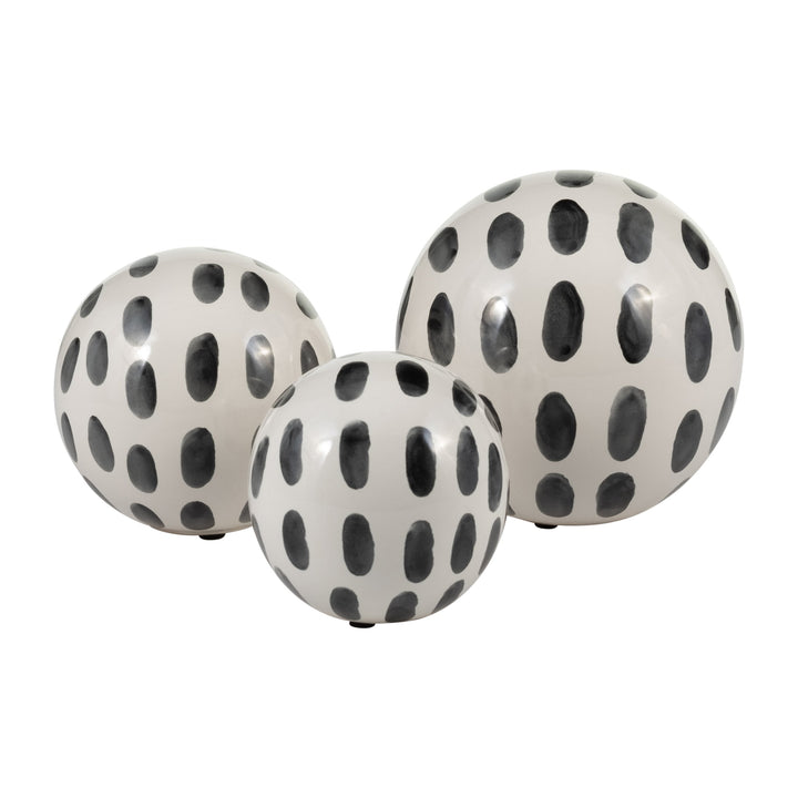 CER, S/3 4/5/6" SPOTTED ORBS, BLK/WHT