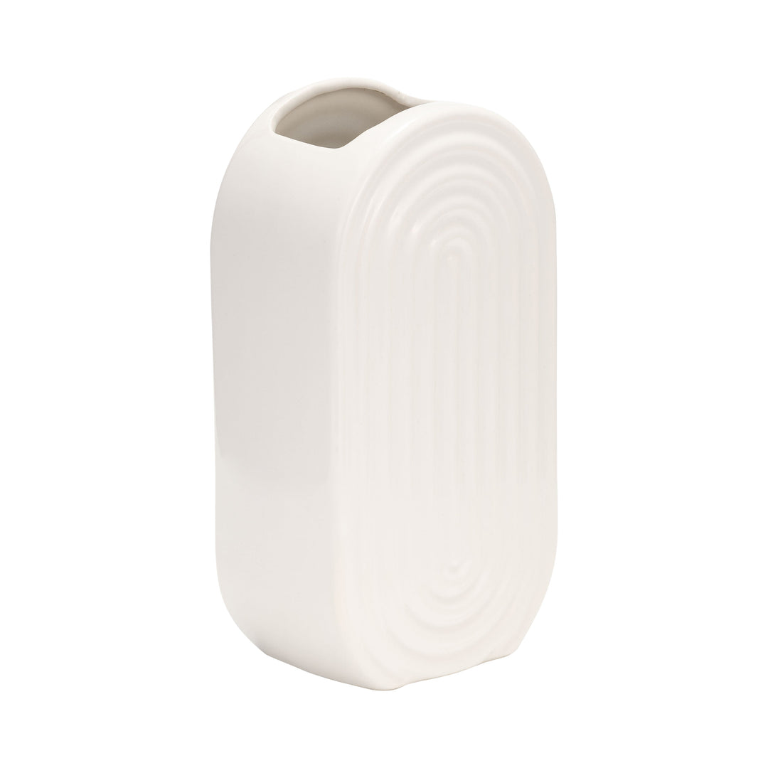 CER, 9" OVAL RIDGED VASE, WHITE