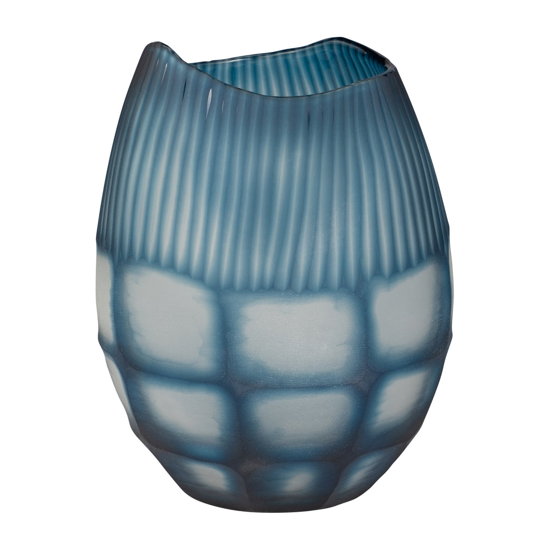 GLASS, 12" CARVED VASE BLUE