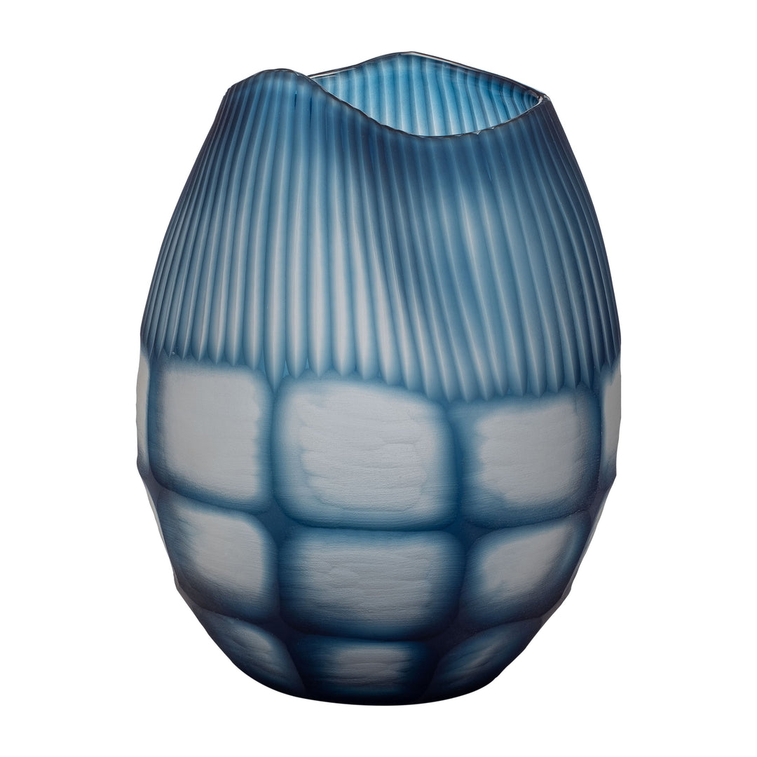 GLASS, 12" CARVED VASE BLUE