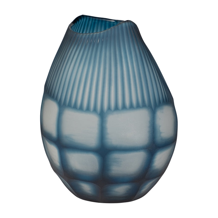 GLASS, 12" CARVED VASE BLUE