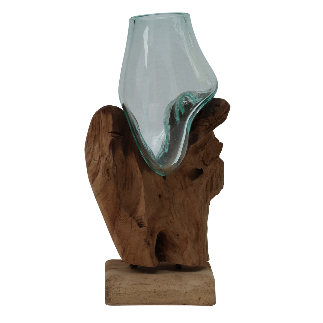 GLASS 13"H VASE IN WOOD STAND, BROWN