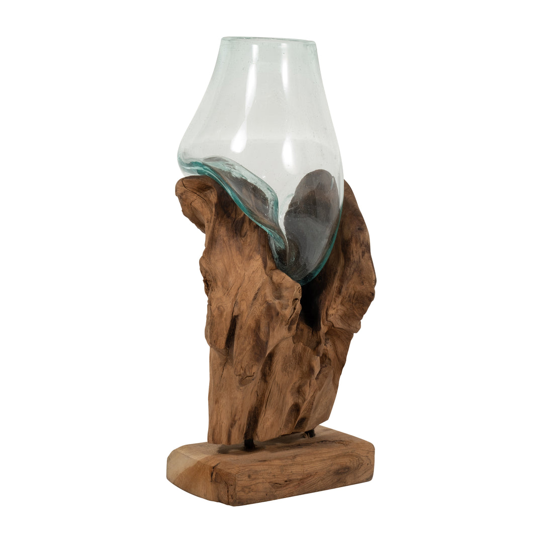 GLASS 13"H VASE IN WOOD STAND, BROWN