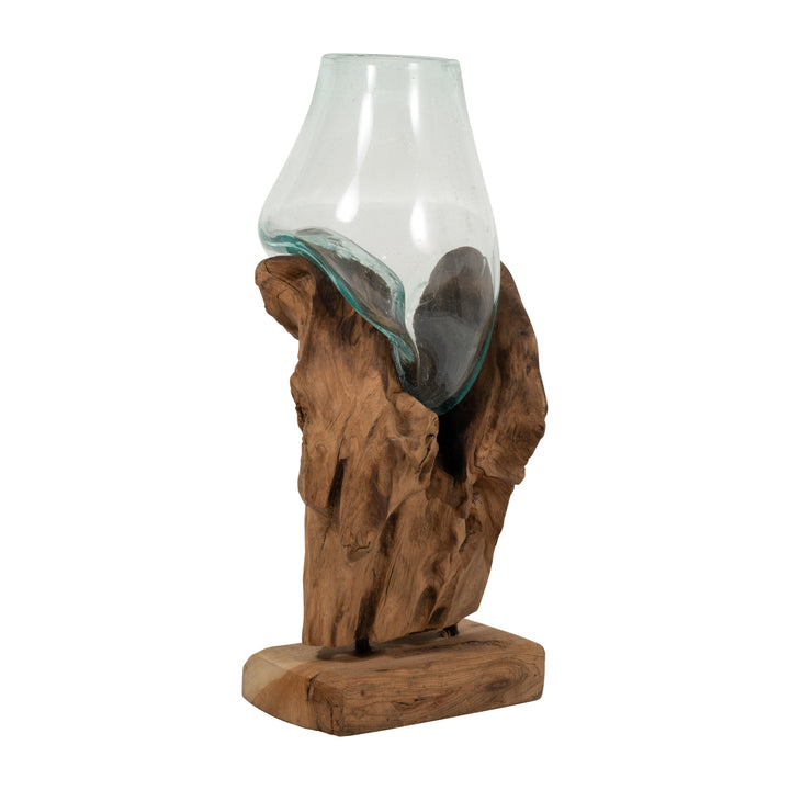 GLASS 13"H VASE IN WOOD STAND, BROWN