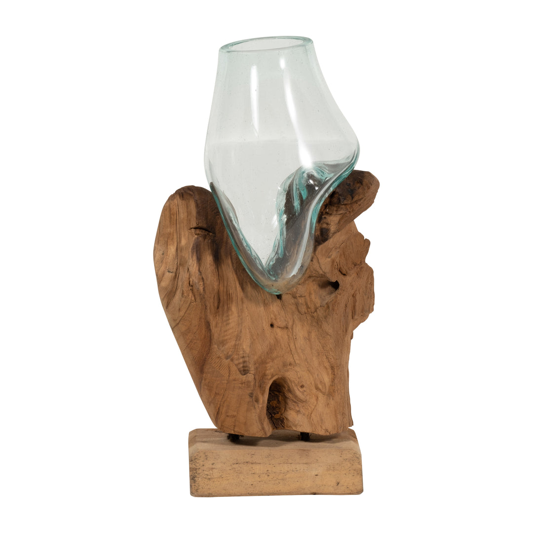 GLASS 13"H VASE IN WOOD STAND, BROWN