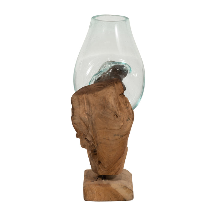 GLASS 13"H VASE IN WOOD STAND, BROWN