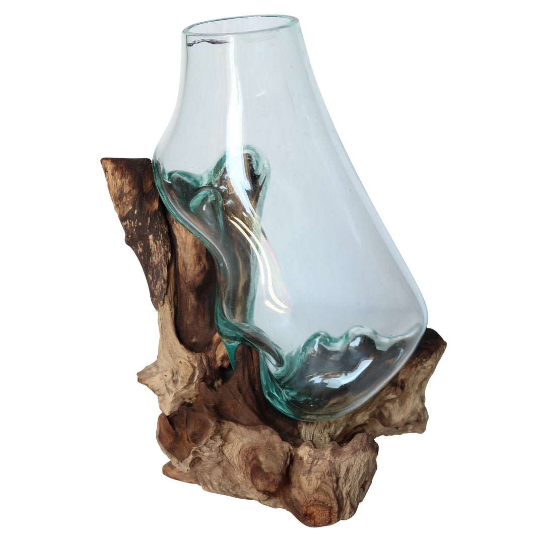 GLASS 16"H VASE IN WOOD STAND, BROWN