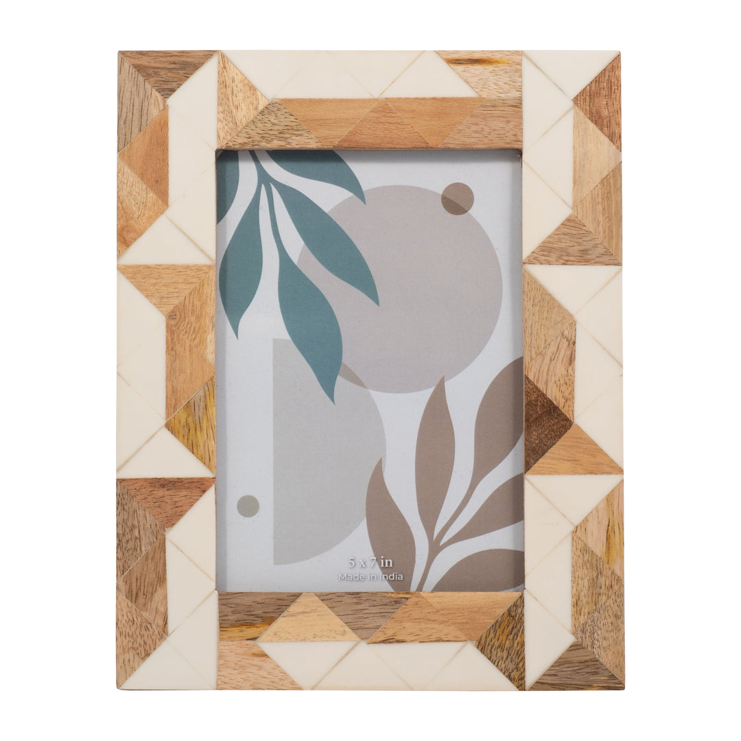 RESIN, 5X7 WOOD & WHITE GEOMETRIC PHOTO FRAME, WHI