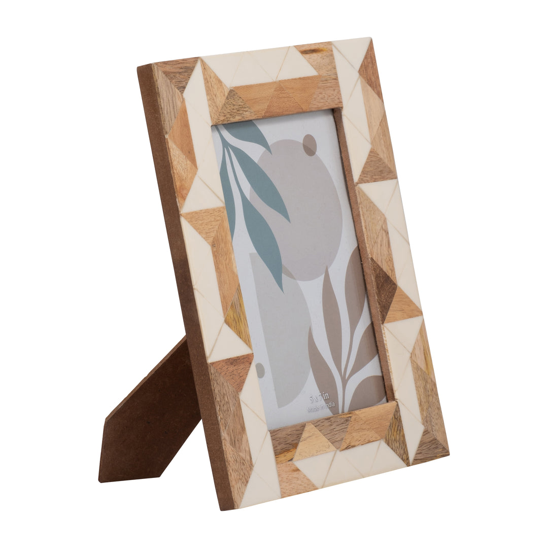 RESIN, 5X7 WOOD & WHITE GEOMETRIC PHOTO FRAME, WHI
