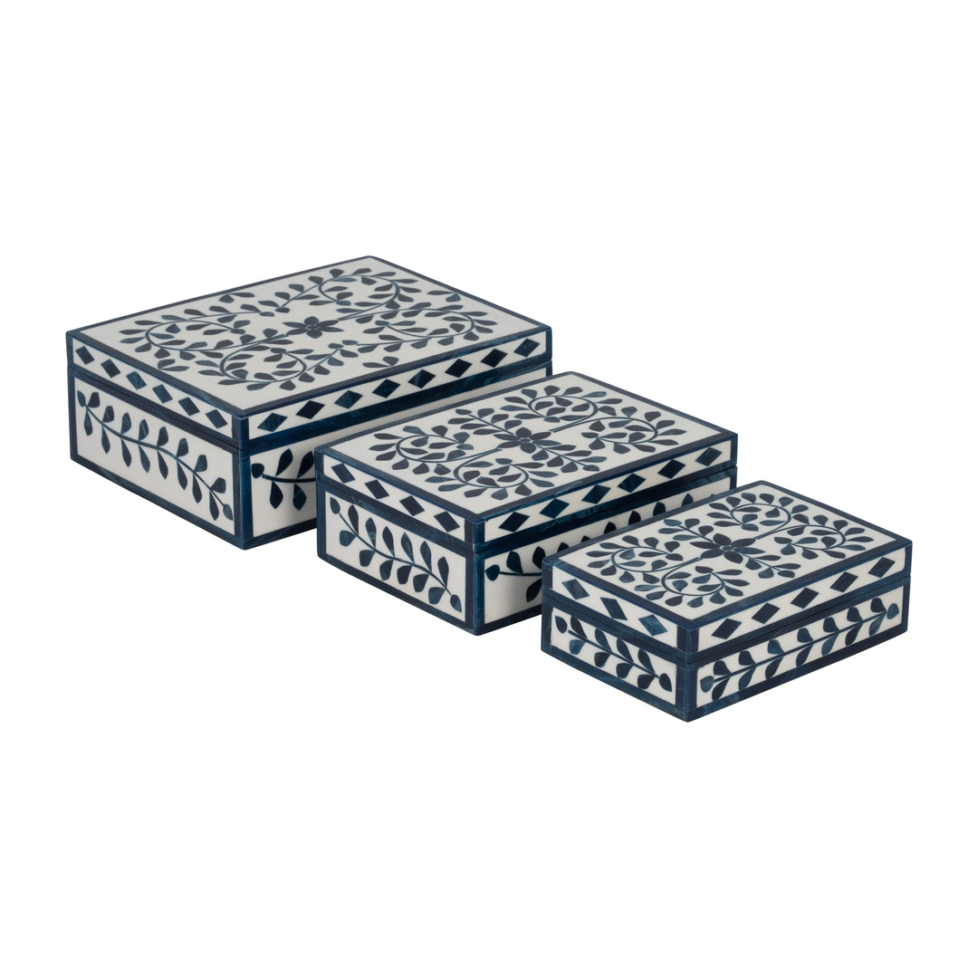 RESIN, S/3 6/7/9" BLUE PETALS BOXES, WHITE/BLUE