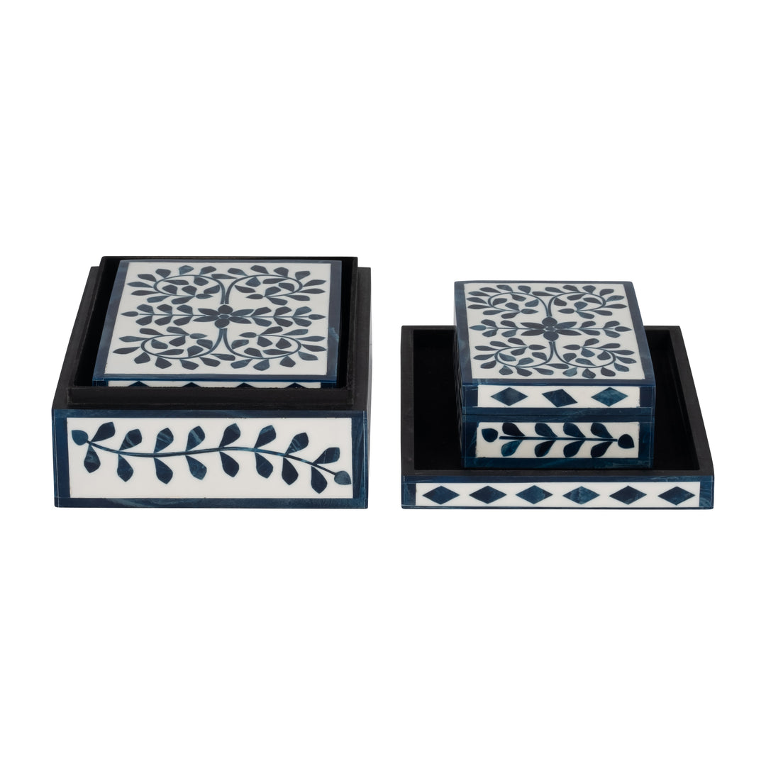 RESIN, S/3 6/7/9" BLUE PETALS BOXES, WHITE/BLUE
