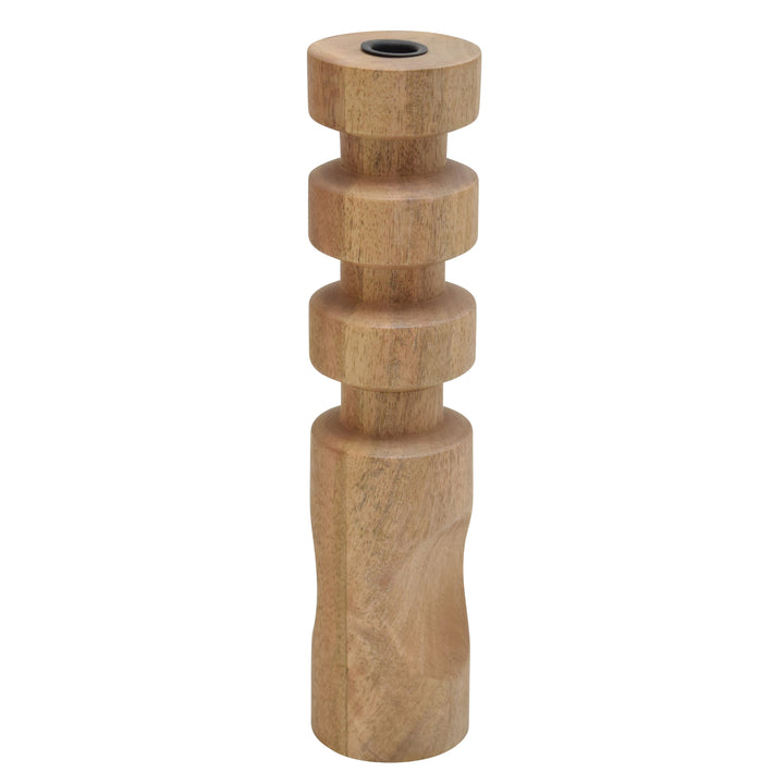 WOOD, 14" STACKED TAPER CANDLEHOLDER NATURAL